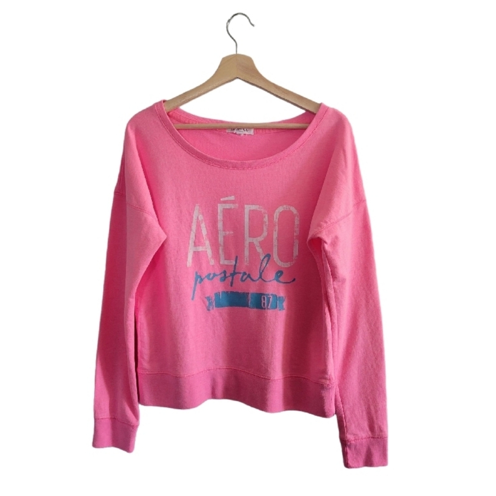AEROPOSTALE Pink Cropped Crewneck Sweatshirt Size L/G Y2K Logo Graphic